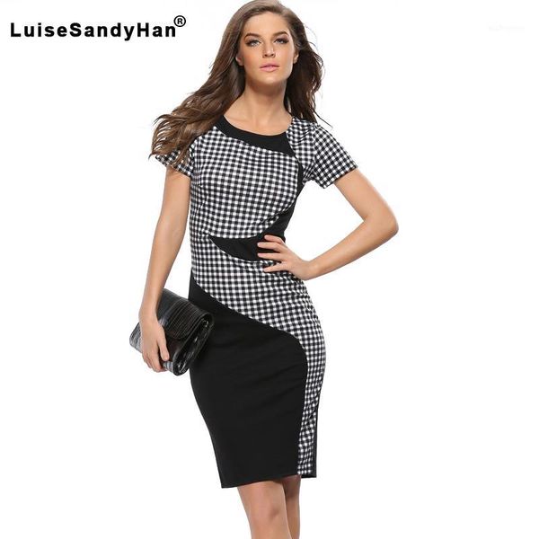 

casual dresses black and white lattice stitching slim dress female round neck zipper short sleeve thin elastic pencil women spring1, Black;gray