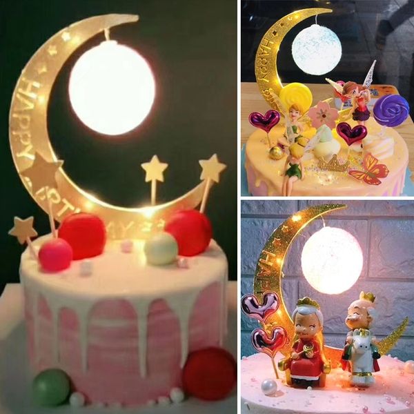 

02vqc star moon lamp cake decoration acrylic plug-in happy insert cake star mid autumn shining decoration epxdg