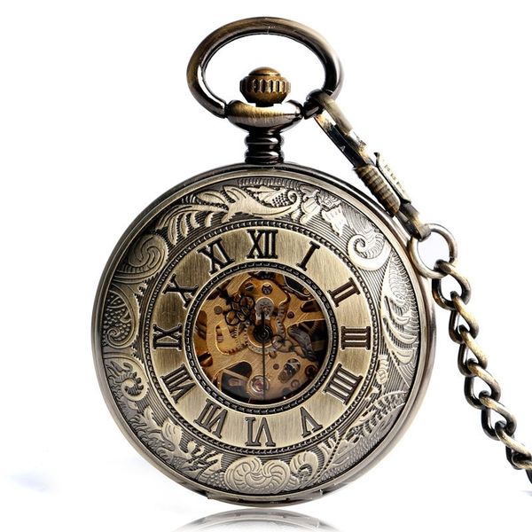 

retro luxury roman numbers stylish steampunk mechanical hand winding pocket watch carving antique clock birthday gift t200502, Slivery;golden