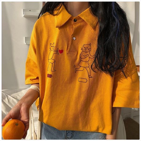 

harajuku turn down collar cartoon casual fashion large size loose female summer half sleeved cute cotton t shirt tees, White