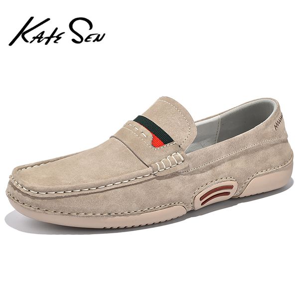 

katesen men's leather casual 2020 new fashion suede loafers moccasins breathable non-slip driving shoes big size hot, Red;white