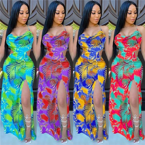 

chronstyle vintage beach style long maxi dress 2020 sleeveless strap off shoulder backless dress floral print split women1, Black;gray