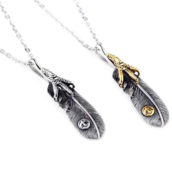 

monla japan takahashi goro's titanium hiphop men necklace punk style feather pendant shape long chain stainless steel pendant, Golden;silver