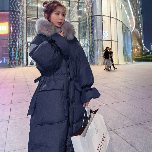 

2021 new women's coat new winter 90% white duck down solid with loose fur hoodie fashion big cotton jacket g2 5ivd, Black