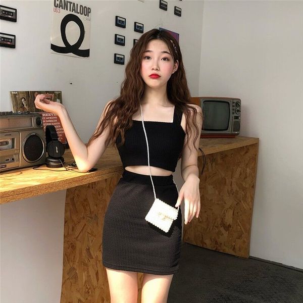 

new female 2021 fashion crop miniskirt thin sets fishes ladies will see girdle elastic skirt club outfit piece together s13g, Black;white