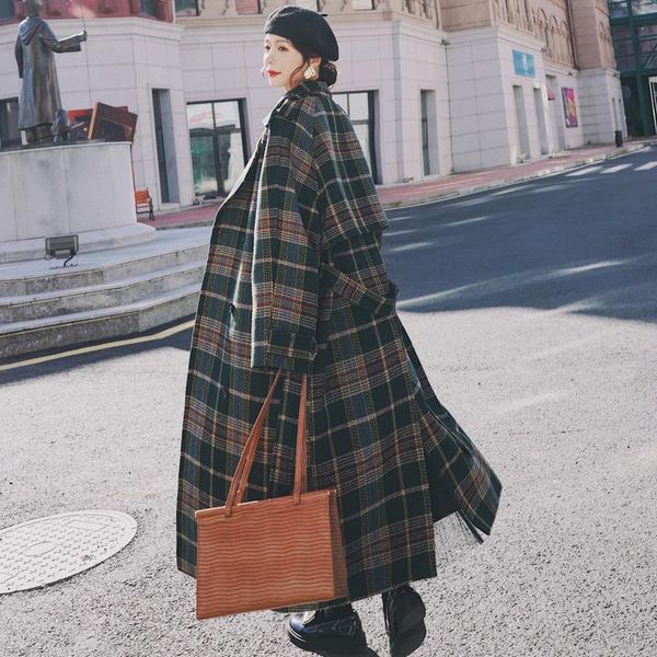 

2021 autumn winter women's fashion loose long over-the-knee thickening woolen coats female plaid printing outerwear coat, Black