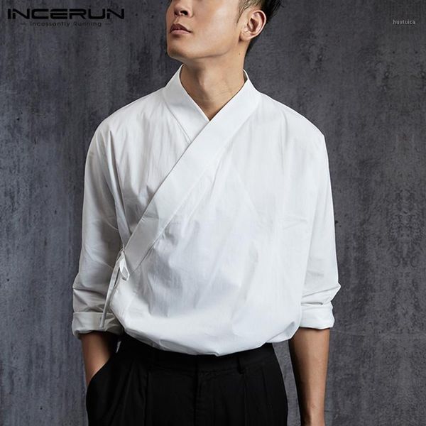 

chinese style men shirt solid color retro hanfu long sleeve elegant lace up 2020 vintage stand collar mens shirts camisa incerun1, White;black