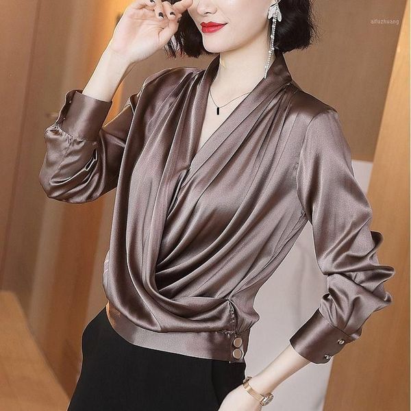 

fall spring 2020 female womens deep v neck long sleeve imitation silk loose shirt blouse , woman korean blouses 1, White