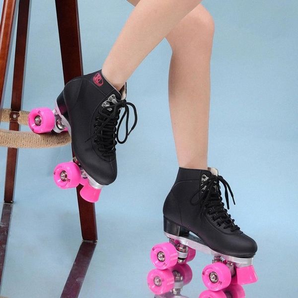

RENIAEVER double roller skates, 4 skating shoe, pink wheels, black shoes ,free shipping #g05b