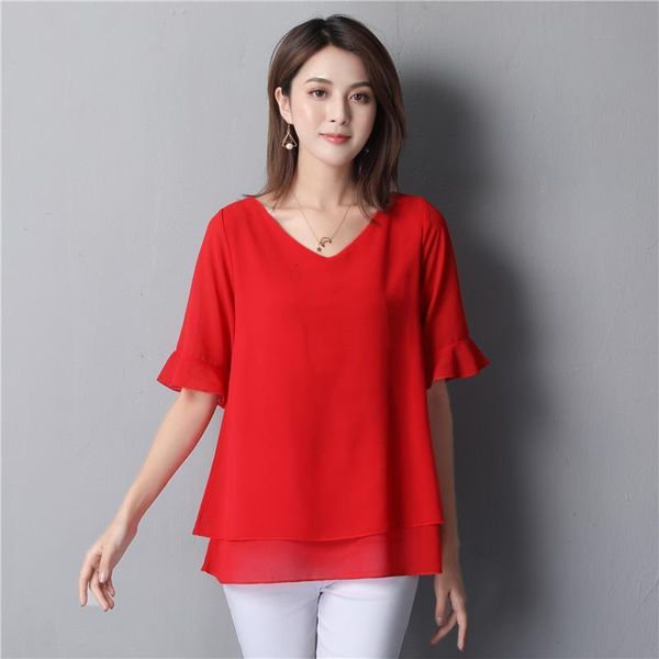 

banerdanni new arrival v neck women chiffon shirt 2021 summer casual batwing sleeve blouse loose v neck female plus size 5xl, White