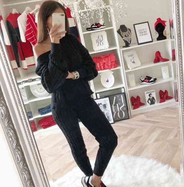 

tracksuits women's wholesale-women's two piece outfits sweaters winter long sleeve sweatshirt slim solid knitted jumpers sweter s, Gray