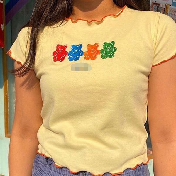 

2020 summer new fashion brand lace t-shirt jacket cute jacket cute sweet lace color bear embroidery short sleeve t-shirt for women krkdx krk, White