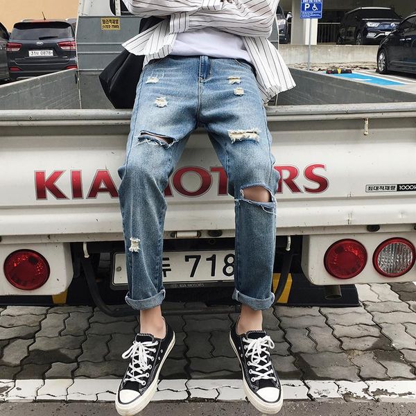 

summer new jeans men fashion washed casual torn holes denim pants man streetwear hip hop loose cowboy trousers male clothes, Blue