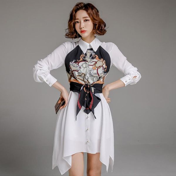 

2020 spring new korean temperament lapel printing stitching lace single breasted white shirt dress women, Black;gray
