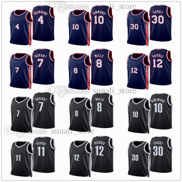

75th basketball 10 ben simmons jerseys 30 seth curry 2 andre drummond kyrie kevin 7 durant irving joe harris 12 blake griffin 2 patty mills, Black;red