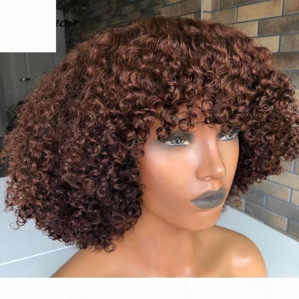 

xumoo high density short bob kinky curly brazilian human hair wig with bangs none lace wig short human hair wigs for black women, Black;brown