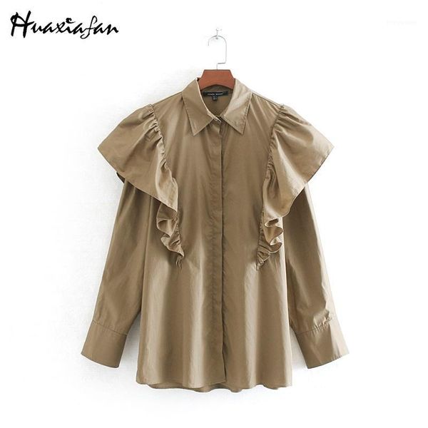 

huaxiafan women solid blouse shirts ruffle shoulder blouse office ladies retro solid female casual shirts vintage blouses1, White