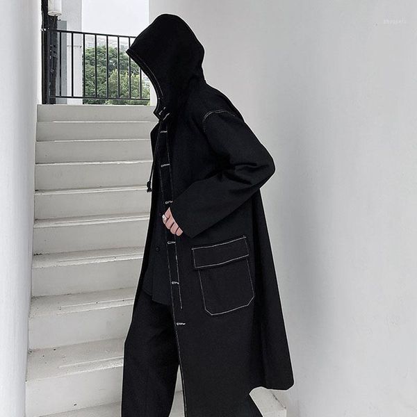 

new male japan streetwear overcoat coat men white line long washed cotton retro hooded trench coat windbreaker outerwear1, Tan;black