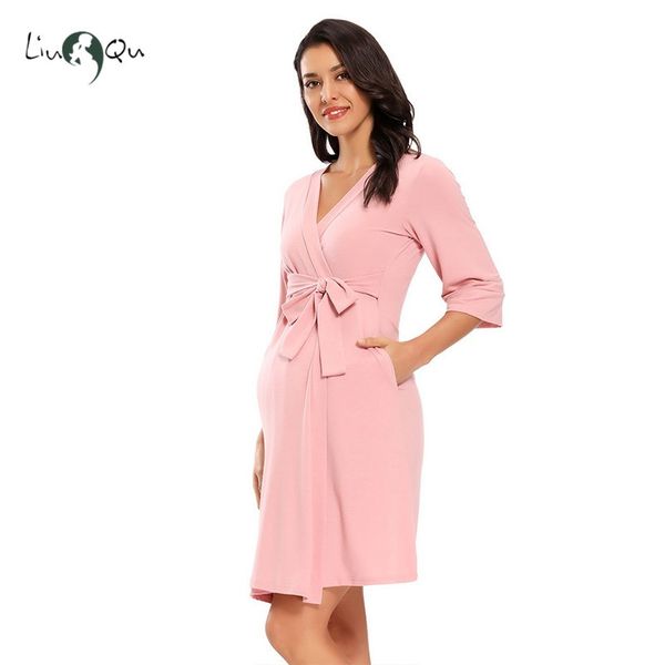 

maternity summer nightgown pregnancy elegant pajamas women maternity wrap sleepwear pregnant breastfeeding lounge with pocket 1015, White