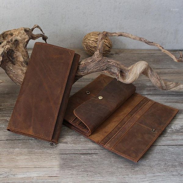 

2018 mens long crazy horse real cow genuine leather wallets men wallet clutch vintage male purse long handy bag handmade1, Red;black