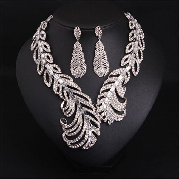 

fine luxurious large zirconia fashionable feathers short necklace exaggerated women gowns and accessories sets jewelry wholesale, Silver