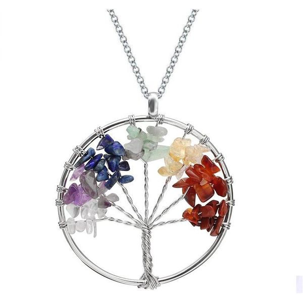 

tree of life quartz pendant necklace rainbow 7 chakra multicolor natural stone wisdom tree leather chain necklace for girls m7p5a, Silver