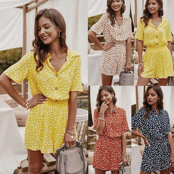 

loose polka dot casual women playsuits turn-down collars buttons rompers ladies outfits summer beach1, Black;white