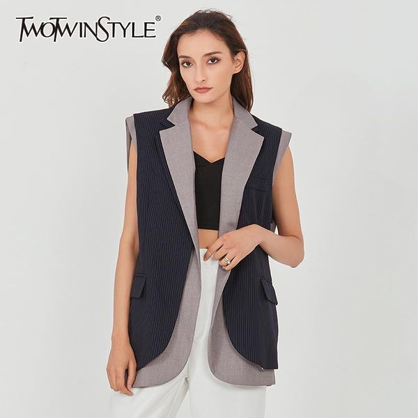 

twotwinstyle hit color patchwork vest for women notched sleeveless casual cardigans female 2020 fall fashion new clothing tide, Black;white
