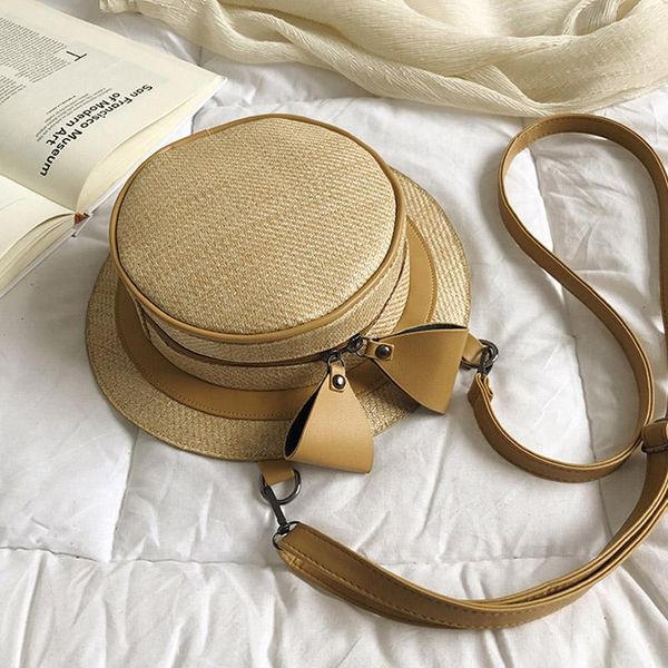 

dual use woven straw shoulder bag female 2020 spring summer new straw bag personalized braided hat handbag bow round beach