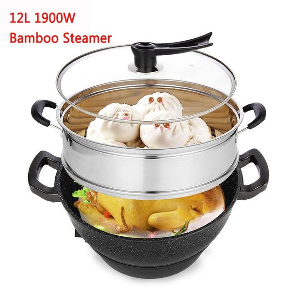 

electric skillets 22%,aluminum alloy 2 layer cooker household non-stick pot maifan stone1900w with bamboo steamer12l
