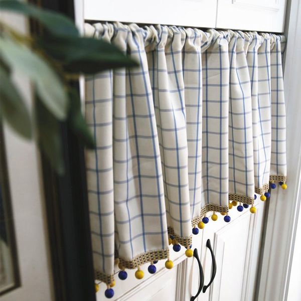 

american styel cotton blue and white plaid curtain with beads short kitchen curtain cafe