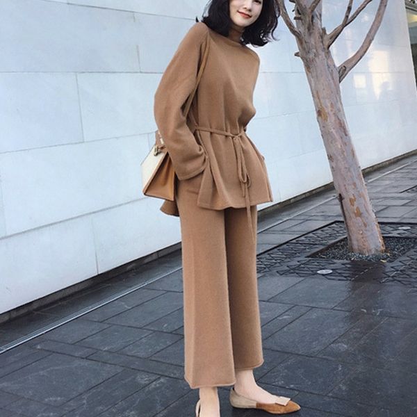 

autumn winter knitted sweater set women two piece suits wide leg pants suit long sleeve elegant 2 piece sweater pants set 201110, White