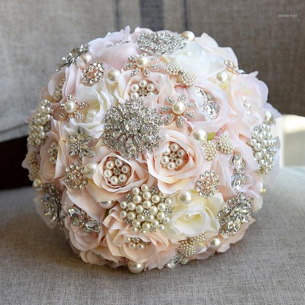 

decorative flowers & wreaths 25cm wedding artificial silk rhinestone holding rose flower plants bouquet home decoration luxury gift valentin