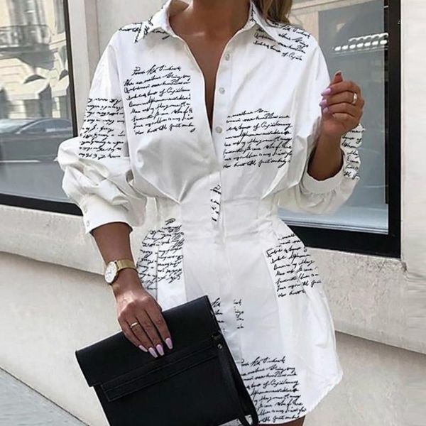 

turn down collar letter printed shirt dress autumn women long sleeve high waist plunge dress elegant buttons streetwear gv0021, Black;gray