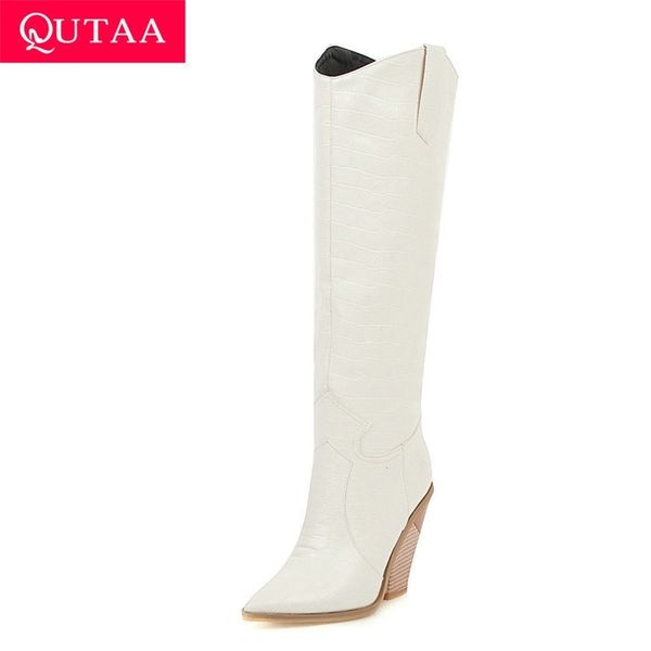 

qutaa 2020 square high heel pu leather slip on leisure women shoes winter warm fur fashion pointed toe knee high boots size34-43 y200723, Black