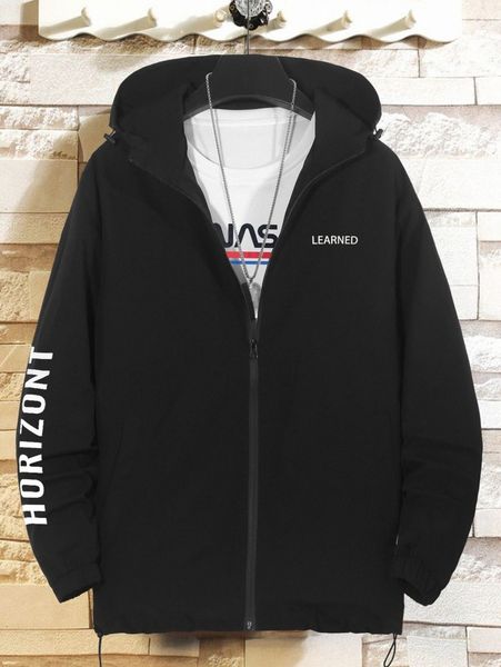 

men letter graphic zip up drawstring hooded jacket without k91f#, Black;brown