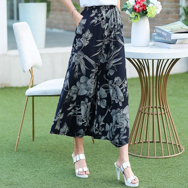 

2021 new summer women pants wide leg pants ankle-length trousers print elastic waist casual pockets pleated mid broadcloth 6ml4, Black;white