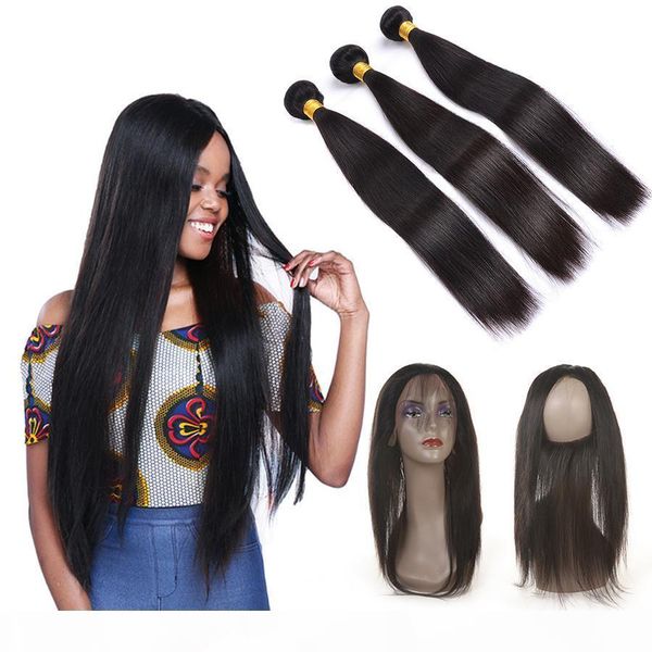 

360 lace frontal brazilian virgin hair straight body wave hair weaves 360 closure with bundles human hair 360 lace frontal with bundles, Black;brown