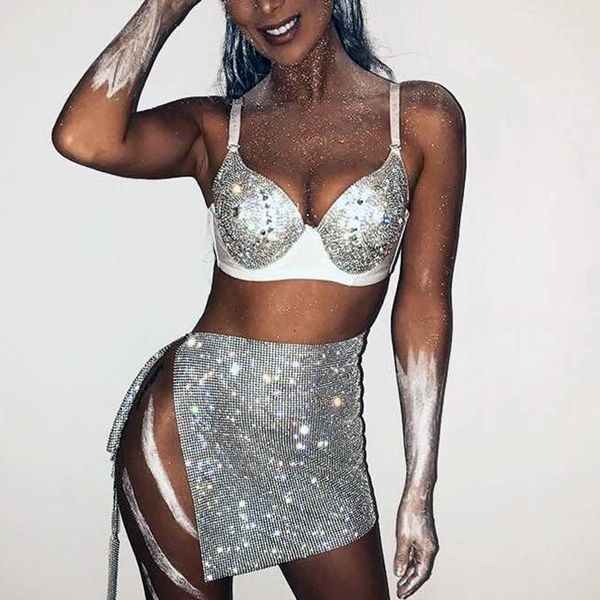 

3 colors full rhinestone split mini skirt women rhinestone diamond carnival hip skirts party club festival burning man wear1, Black