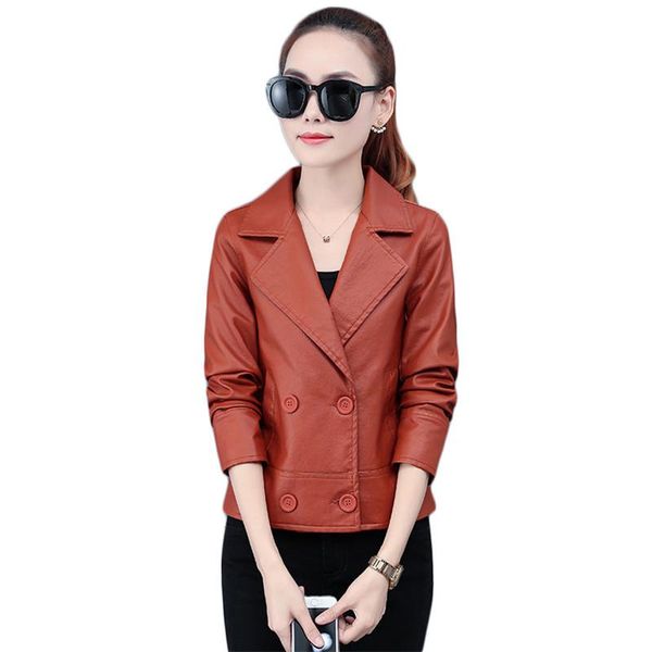 

leather coat women short slim vintage plus size 2021 autumn winter new fashion caramel suit collar moto jackets feminina ld1515, Black
