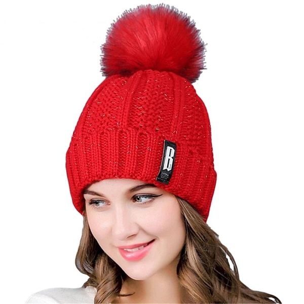 

winter knitted beanies fur ball hats women thick warm skullies hat female knit letter bonnet outdoor casual riding cap, Blue;gray