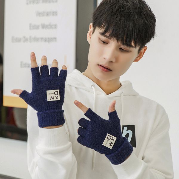 

new men black knitted stretch elastic warm half finger fingerless mens winter mitaine male handschuhe driving gloves, Blue;gray