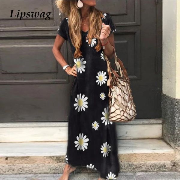 

daisy print women plus size long dress casual summer short sleeve beach sundress v-neck lady maxi party dress vestidos t200613, Black;gray