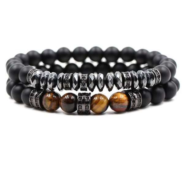 

fashion natural tiger eye stone bead bangle 2pcs/set cz cylinder beads bracelet for men women punk wristband jewelry, Golden;silver