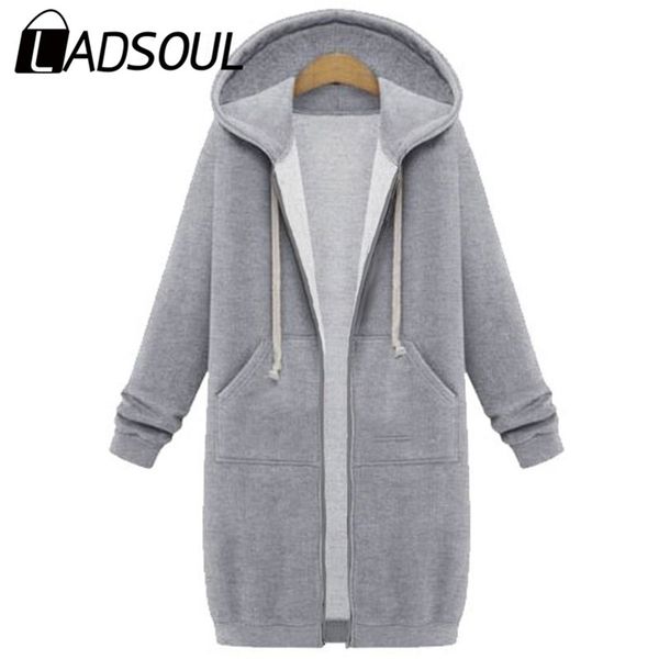 

ladsoul fashion women hoodies solid color overcoats plus velvet hooded jacket autumn pocket long sweatshirt female zipper coat y200915, Black