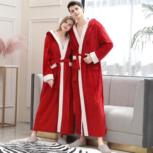 

winter warm couple sleepwear flannel robe women thicken kimono bath gown nightgown casual nightwear long home clothes1, Black;red