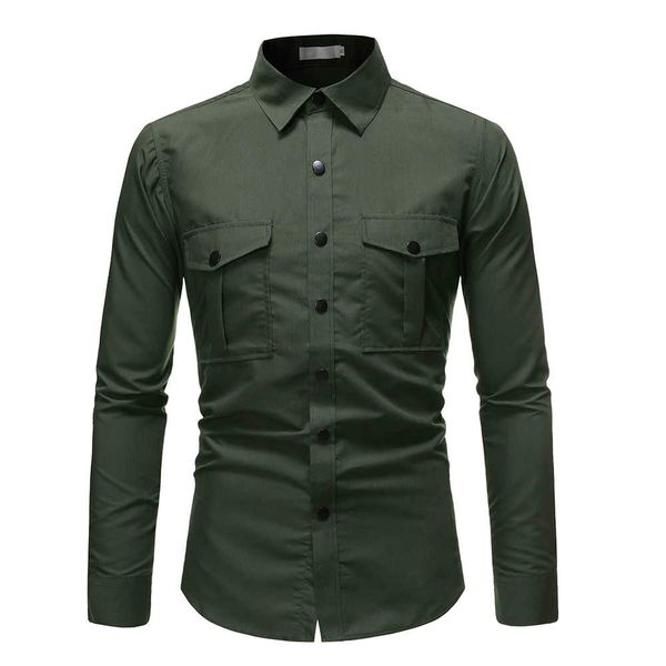 

2021 spring men's casual cargo men stylish long sleeve shirt male slim fit armygreen shirts, White;black