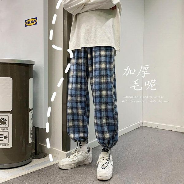 

men's pants winter thick woolen fashion retro casual plaid men streetwear wild loose hip-hop straight wide-leg mens, Black