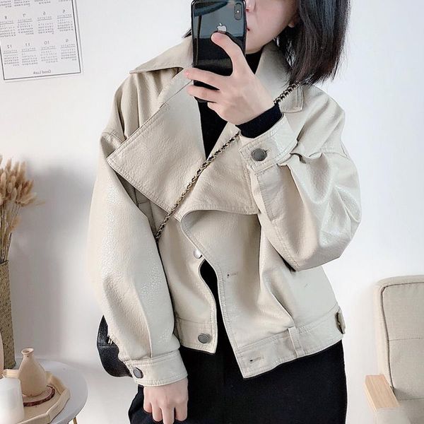 

2020 new spring women short leather jacket fashion loose casual long sleeved army green faux leather outwear ladies basic jacket, Black