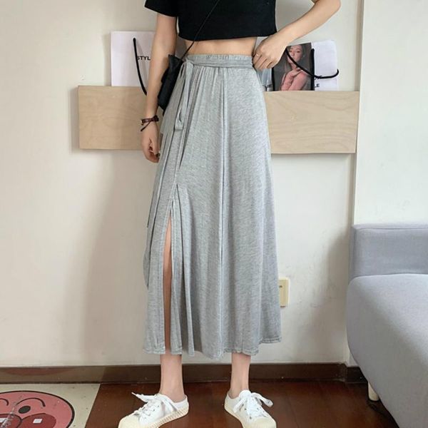 

skirts spring summer cotton jersey chic split long with sashes gray black